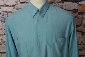 BURMA BIBAS Silk Men's Shirt Dual Chest Pockets Teal Blue Long Sleeve Large - Picture 1 of 11