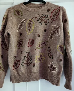 Woolovers Brown Leaf Embroidered Jumper. 100% Lambswool. Size XS - Picture 1 of 4