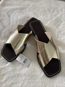 LOFT Ann Taylor Sandals Slides Slip On Shoes Gold Dark Brown Cross Over Size 10 - Picture 1 of 7