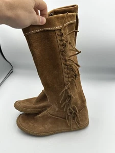 UGG Australia Boots Womens Size 6 Chestnut Suede Tall Knee High Fringe Moccasin - Picture 1 of 12