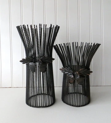 Rustic Primitive Black Metal Wire Pillar Candle Holders Set Of 2 Acorn Motif - Image 1 of 4