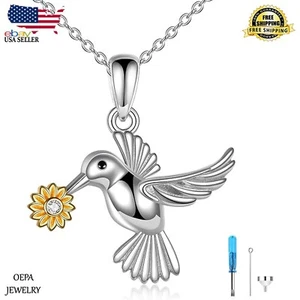 925 Sterling Silver Hummingbird Sunflower Urn Necklace Cremation Pendant - Picture 1 of 5
