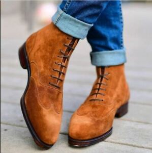 Handmade Mens Tan Color Suede Lace up Ankle Boot, Men Wingtip Elegant Boots
