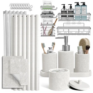 26-teiliges Badezimmer-Accessoire-Set, Chenille-Badematte mit selbstklebendem Eck-Duschbehälter - Bild 1 von 13