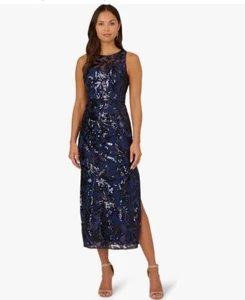 Adrianna Papell Women's Leaf Sequin Maxi Dress, Navy Size 12 - Picture 1 of 7