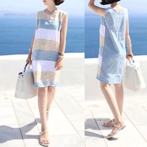 Vestido túnica de verano informal a rayas algodón lino suelto sin mangas - Imagen 1 de 7