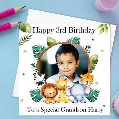 Personalised Birthday Photo Card Jungle Safari Animals for Boy Grandson Son - Image 1 of 4