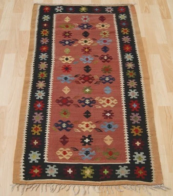 HAUSEWAERES YUGOSLAVIAN HANDWOVEN BLACK RECTANGLE WOOL 30+ KELIM AREA RUGS 2X4ft - Image 1 of 3