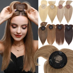 Clip In Remy Human Hair Topper Toupee Hairpiece with Bangs MONO Base Middle Part - Picture 1 of 34