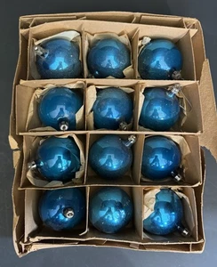 VTG Box of 12 Blue Glass Christmas Ornaments Balls Poland 2.5” - Picture 1 of 4