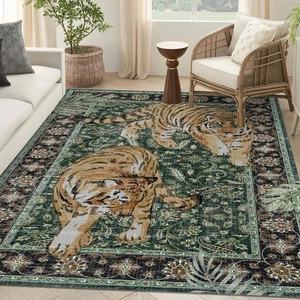 Alfombra de área 5'×7' verde lavable alfombra grande para sala de estar tigre neutra antideslizante por lo que... - Imagen 1 de 7