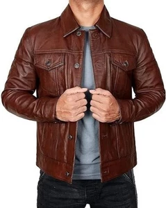 Men's Brown 100% Real Lambskin Leather Trucker Jacket with Button Closure Style - Picture 1 of 9