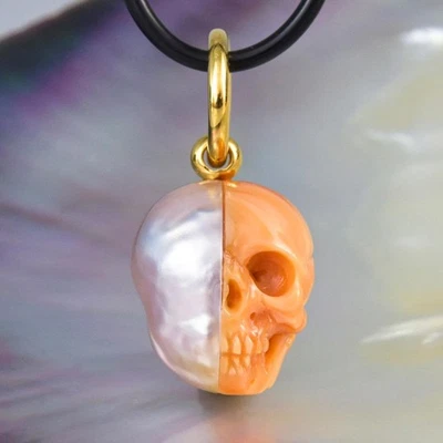 Skull IN Süd See Perle Anhänger Geschnitzter Aprikosenfarben Muschel & Vermeil - Bild 1 von 4
