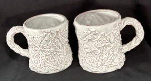 Mud Pie White And Gold “Holly Berry”Christmas Embossed Coffee Mugs Set Of 2 - Picture 1 of 7