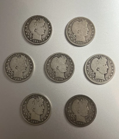 7 Early Silver Barber Quarter Coins -- 1895/1895o/1896 x2/1896o/1897 x2 All Good Cover