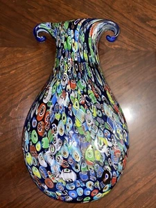 Murano Millefiori Colorful Blue Vase Italian Art Venice 13” - Picture 1 of 4