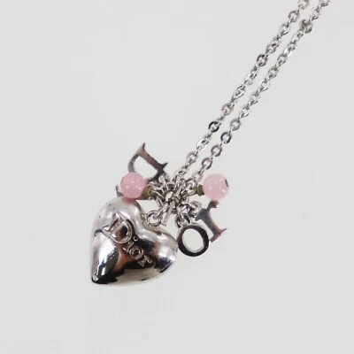 Christian Dior Logos Heart Beads Used Chain Necklace Silver Pink #EC362 S - Image 1 of 4