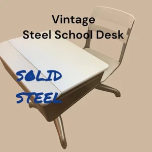 Mid-Century Children's Young Adult School Desk Attached Chair - Steel  & Wood - Picture 1 of 3