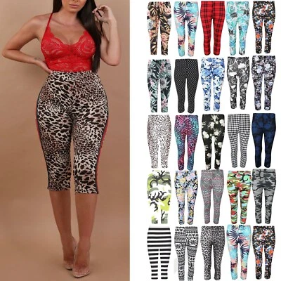 Women Printed 3/4 Length Leggings Ladies Stretchy Waist Skinny Pants Size 8-22 - Image 1 of 4