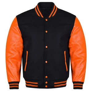 Varsity Black Letterman Baseball Wool &Orange Real Leather Sleeves Jacket - Picture 1 of 3