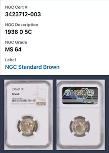 1936-D Buffalo Nickel NGC MS64 3423712-003 - Picture 1 of 3