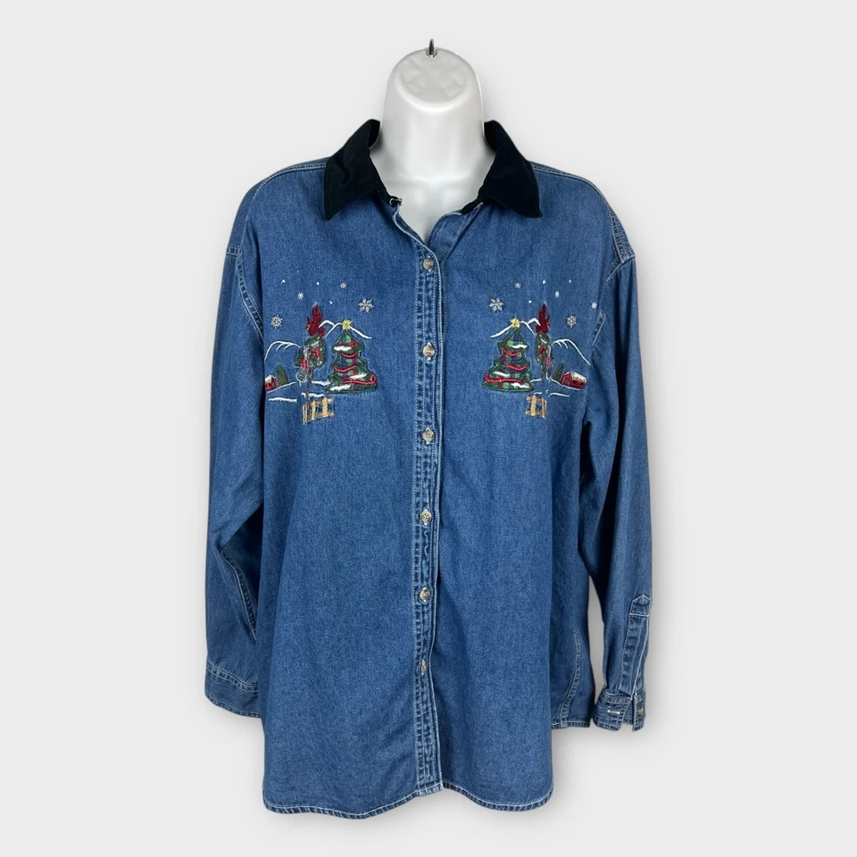 90s Jean Denim Velvet Collared Christmas Blouse Winter Scenes Cardinals Large - Image 1 of 4