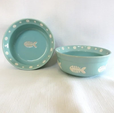 2 фирменные миски для лап и рыбы для кошек керамический корм или вода 5 дюймов Aqua синий - Изображение 1 из 4