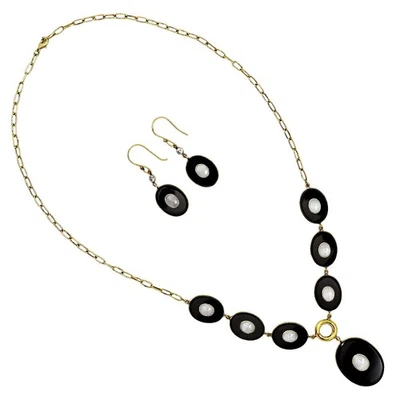 18K Gold Over Brass Black Onyx & Rainbow Moonstone Necklace Earrings Set TT01013 - Image 1 of 3