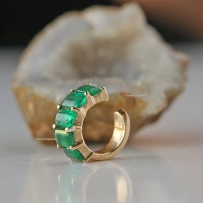 Octagon Cut Zambian Emerald Open Non Piercing Ear Cuff Earrings 14k Yellow Gold - Image 1 of 4