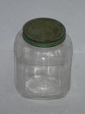 VINTAGE SQUARE ANCHOR HOCKING RIBBED HOOSIER TYPE JAR CANNISTER GREEN LID USED - Image 1 of 4