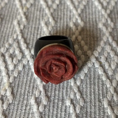 Red Sponge Coral Carved Rose, Sterling Silver, and Black Onyx Band Ring. Sz 7.5 - Image 1 of 4