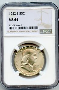 1952-S 50c Franklin Silver Half Dollar Coin, White, NGC MS 64