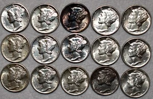 15x AU-UNC Mercury Dimes, 1935 through 1945, PDS. - Picture 1 of 2