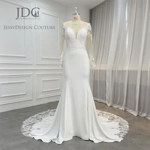Krepp Spitze Brautkleid Brautkleid Maßanfertigung Meerjungfrau 2-28W Ärmel Knöpfe - Bild 1 von 8