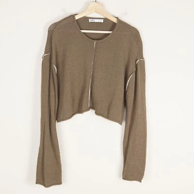 Suéter Zara Contraste Piping Marrón Verde Tejido Corto Dobladillo Enrollado Mujer Talla M Foto 1 de 4