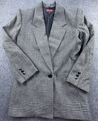 Винтажный Sasson Blazer женщин 14/15 черный желтовато-коричневый гончая клетку Твидовый костюм куртка - Изображение 1 из 4