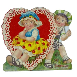 Victorian Valentine Die Cut Greeting Card Boy Girl Bonnet Hat Germany Made - Picture 1 of 2