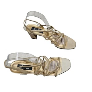 Stuart Weitzman Strappy Block Heels Square Toe Dress Sandals Minimalist Gold 8.5 - Picture 1 of 10