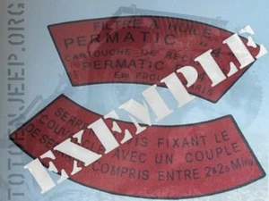 DECALCOMANIE POSE A L EAU . COUVERCLE FILTRE A HUILE JEEP M201 6/12V . willys - Imagen 1 de 1