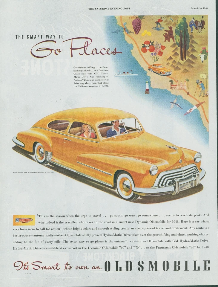 1948 Oldsmobile 60 70 Futuramic 90 US 101 California Coast Map Vtg Print Ad SP14 - Image 1 of 1