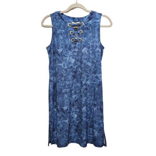 Nuovo! Mini abito Michael Kors cravatta senza maniche denim tinto blu con lacci collo serbatoio