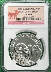 2015 Great Britain 2 Pound Silver NGC MS69 Year of the Sheep. TOP POP. - Picture 1 of 9
