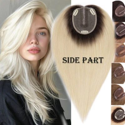 Side Part Topper Remy Human Hair Clip In Top Piece Toupee Silk Lace Base 10*12CM - Image 1 of 4