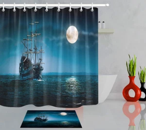 Flying Dutchman Pirate Ship Shower Curtain Set Waterproof Fabric Bathroom Hooks - Picture 1 of 17