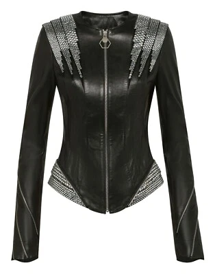 Chaqueta de cuero genuino negra cristalina Philipp Plein para mujer Foto 1 de 4