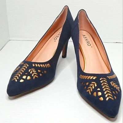 NUEVO Zapatos de salón Ashro punta azul tacones con recortes y diseño dorado tejido talla 11 Foto 1 de 4