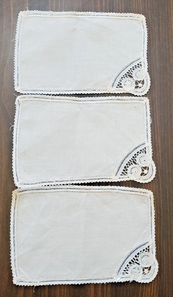 Antique Cloth Cocktail Napkins 3 Cream Battenburg Lace Corner 7.5x5" Cutwork - Image 1 of 4