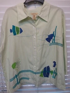 bechamel XL shirt cotton green stripe quarter sleeve button collared fish beachy - Picture 1 of 10