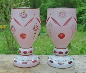 Two Vintage Bohemian Cranberry/ White Overlay Floral Glass Goblets or Vases - Picture 1 of 9