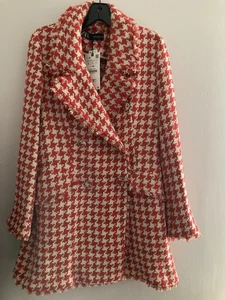 Zara Damen Struktur Fransen Details Rot Hahnentritt Größe L Mantel Neu mit Etikett - Bild 1 von 20